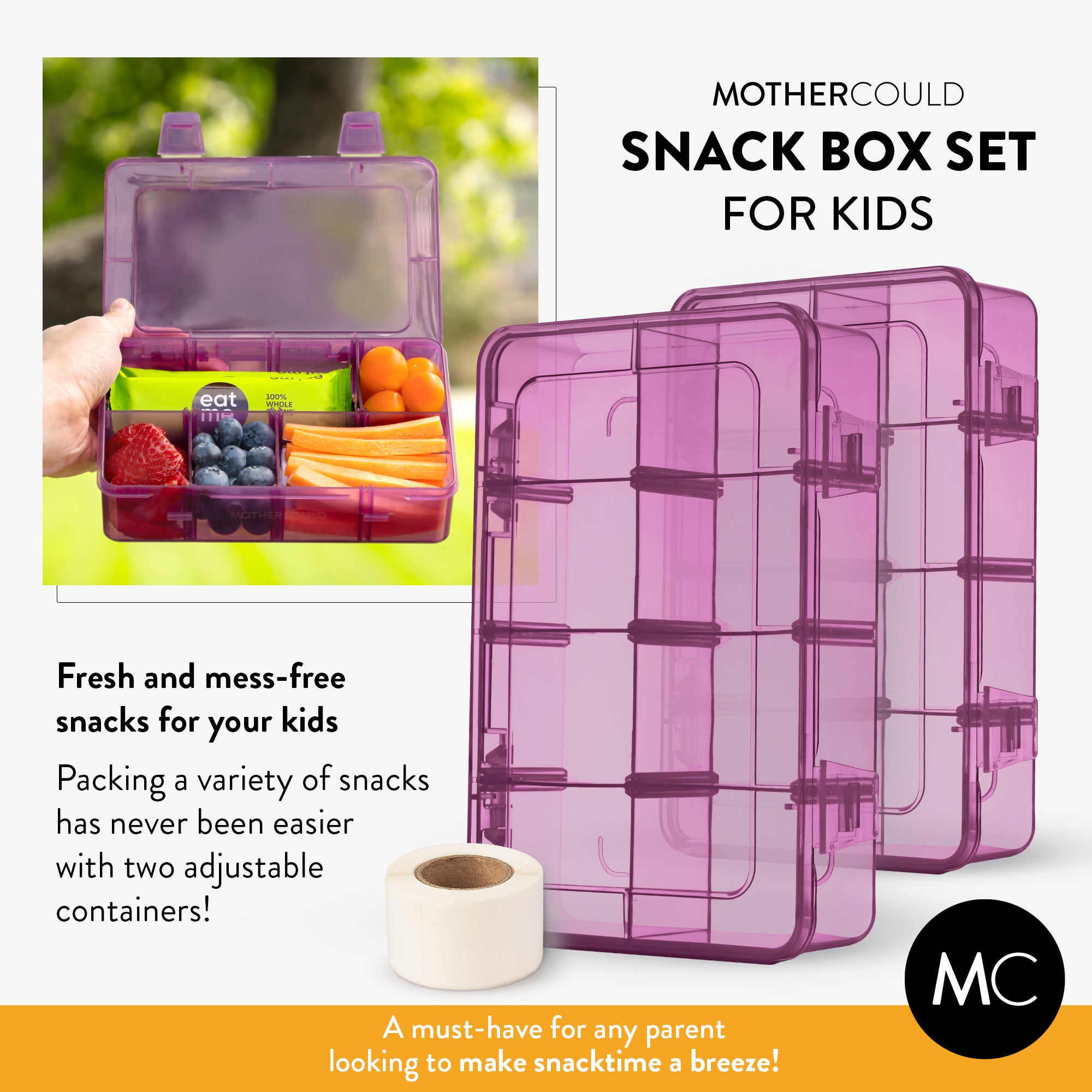 2 Adjustable Containers and a Stay Fresh Design - Packing a variety of snacks has never been easier. Our fresh and mess-free snackbox sets comes with two adjustable containers making snacktime a breeze!