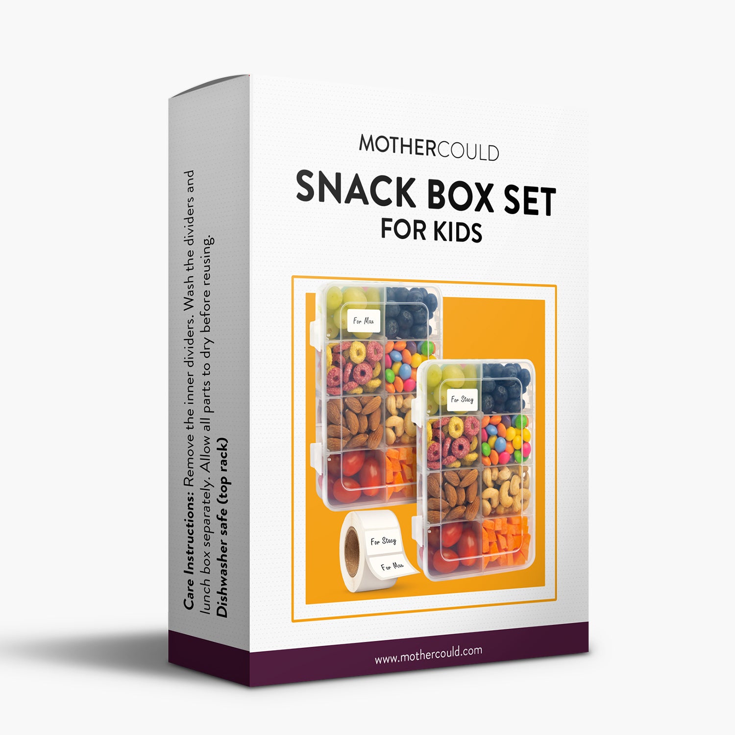 Mothercould Snack Box Set for Kids inside its packaging box, highlighting the product's features for easy snack packing.