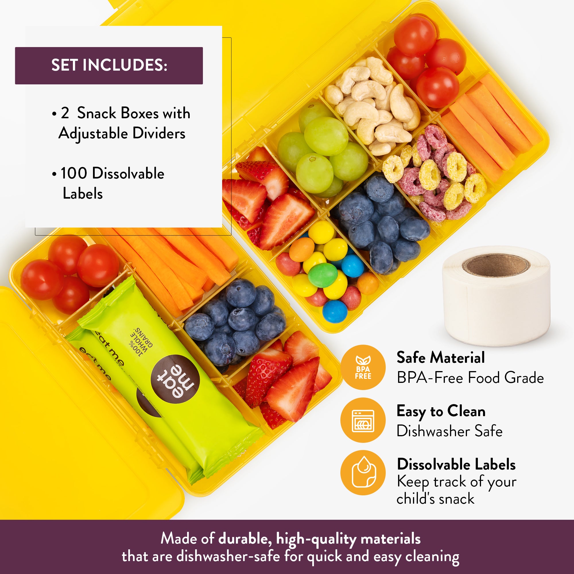 Durable and High Quality Food Grade Container! Our snack box is made of durable, high-quality, BPA-free materials that are dishwasher-safe for quick and easy cleaning.