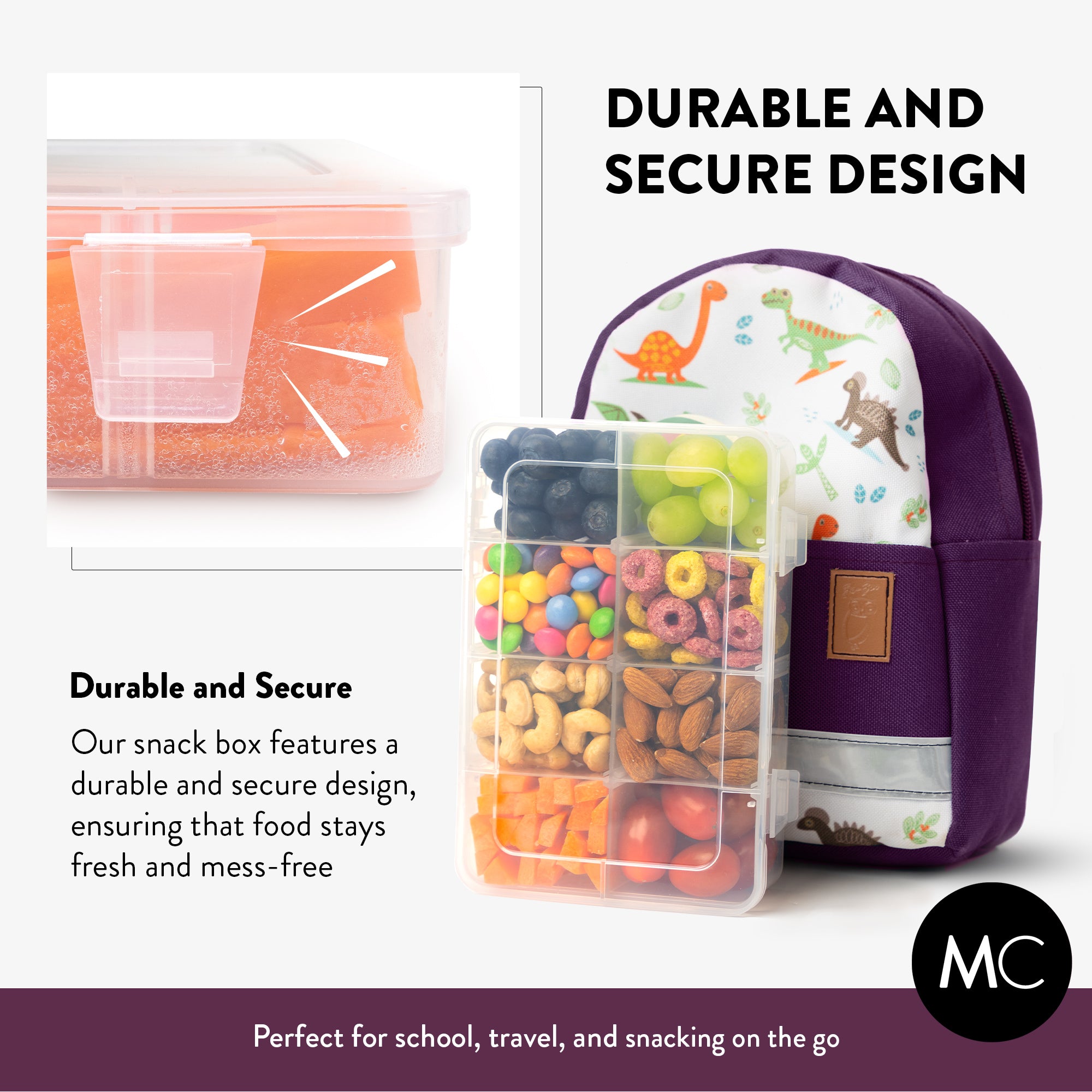 Secure, No-Mess Design - Our snack box features a secure and durable design, ensuring that food stays fresh and mess-free. Perfect for school, travel, and snacking on the go.