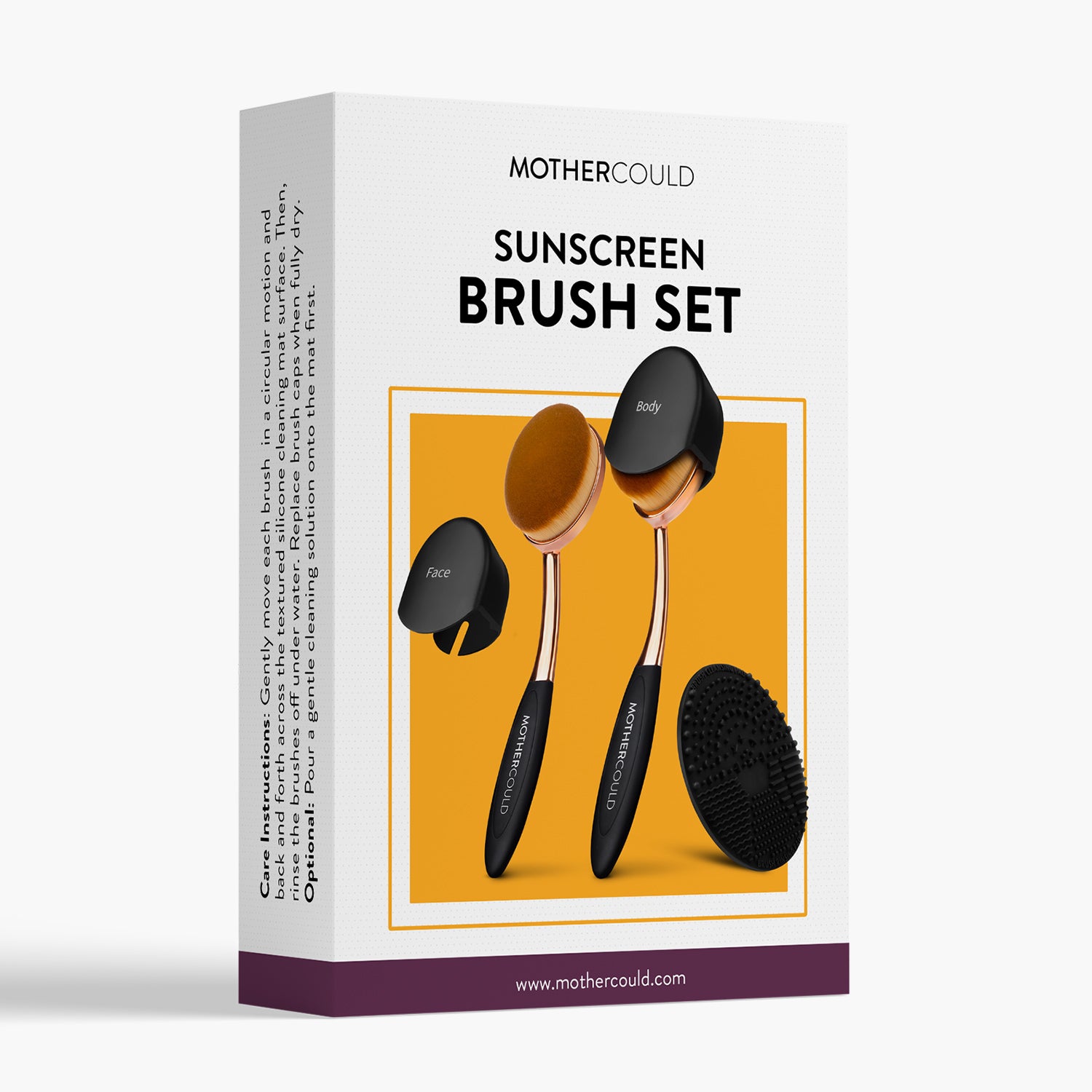 Mothercould Sunscreen Brush Set inside its packaging box, showcasing the compact and portable design for effortless sunscreen application.